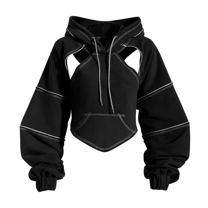 

Color Blocking Bright Line Decoration Women High Street Hoodies Y2K Clothes Harajuku Hollow Out Back Lace-up Long Sleeve Tops