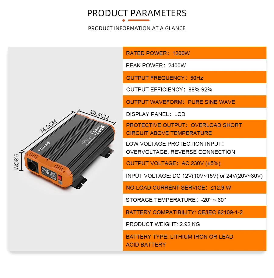 FCHAO 1200W pure sine wave inverter 12v 24v 48v 220v 230v 240V dc to ac solar power inverter car with LCD display for RV