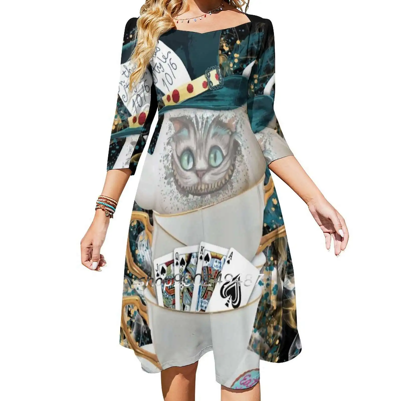 Alice In Mad Hatter Cheshire Cat Square Neck Dress Cute Loose Print Dresses Elegant Beach Party Dress Alice In Alice Mad Hatter