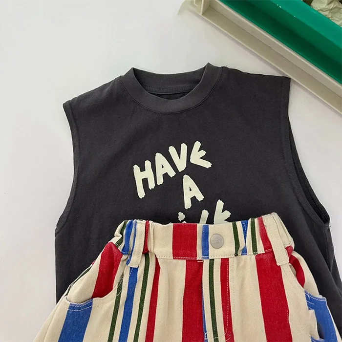 2025 Summer New Cotton Elegance Letter Printed Sleeveless Boys and Girls' Loose T-shirt Korean Baby Trendy Top Thin