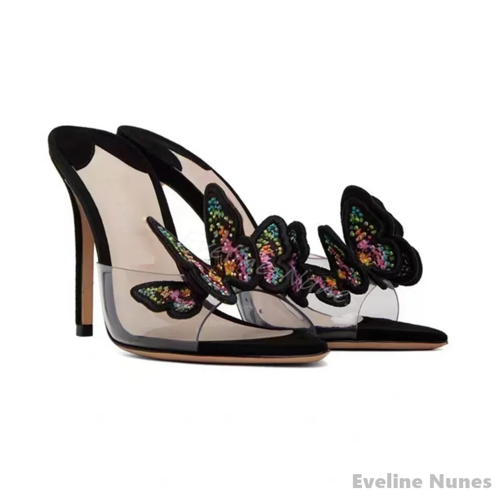 

Женские тапочки на шпильке со стразами и бабочками, прозрачные сексуальные сандалии с одним словом и поясом, модные блестящие тапочки 2025 года