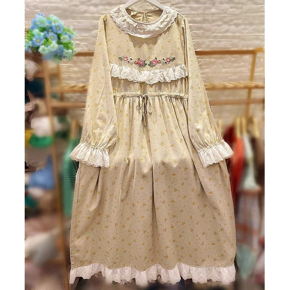 Vintage Cotton Ruffled Lace Embroidery Shabby Chic Cottage Core Midi Dress for Women 2024 Mori Girl Sweet Retro Khaki Long Dress