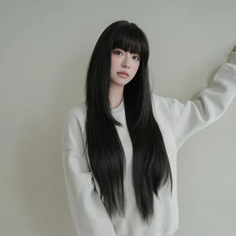 前髪付きストレートヘアウィッグ、黒ウィッグ、非レースナチュラルカラー、コスプレパーティーナチュラルウィッグ、女性が使用するのに適しています