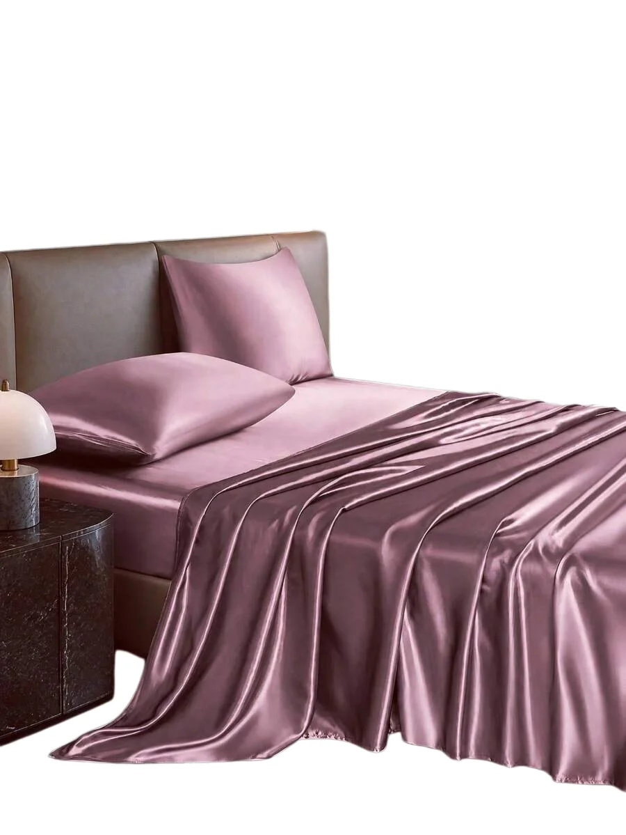 4pcs Light Gray Premium Solid Color Silky Satin Bedding Set, 1pc Fitted Sheet & 1pc Flat Sheet & 2pcs Pillowcases Mattress Protector Set (Pillow Inserts Not Included) sf2404270329665753