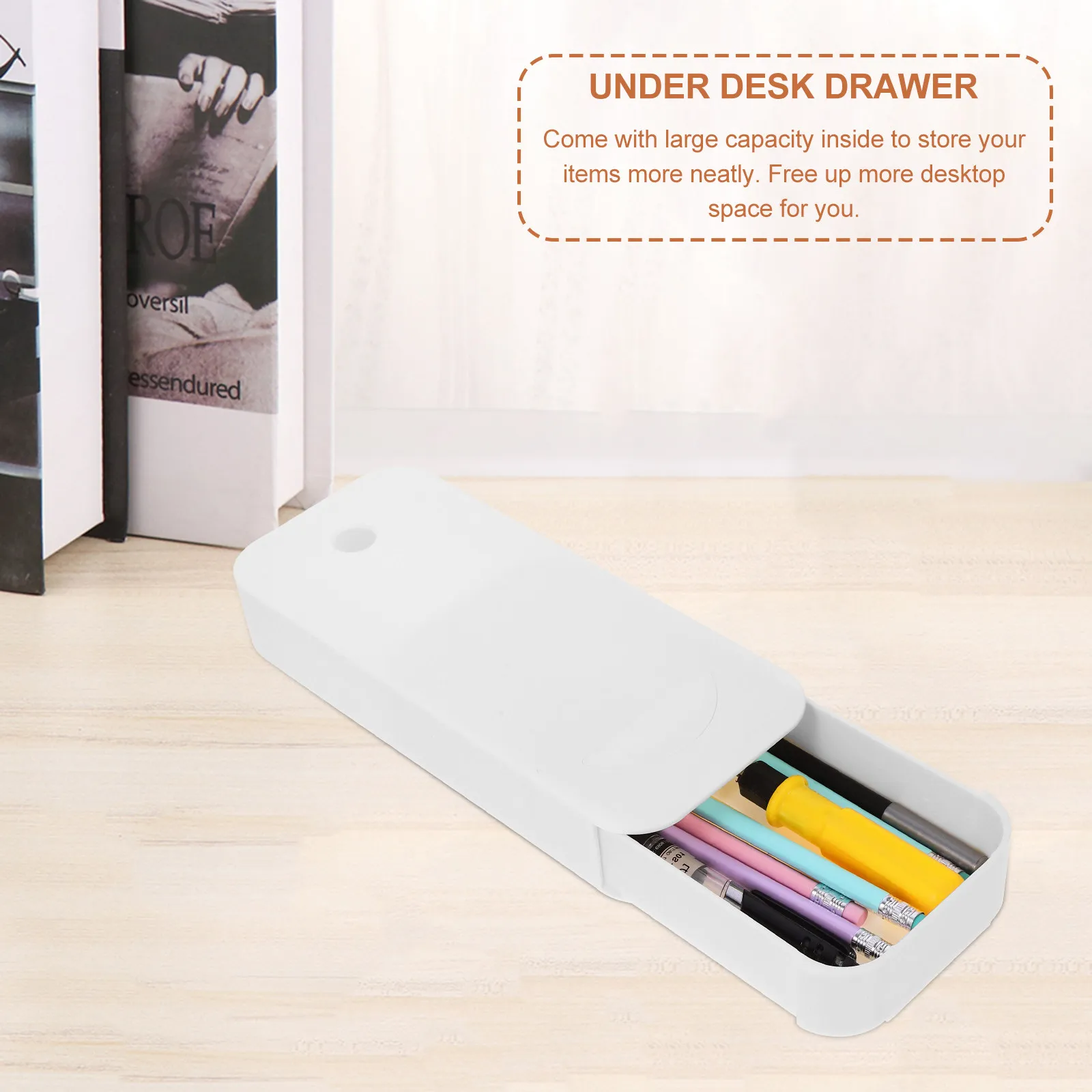 Hidden Drawer Desk Organizer Large ABS Storage Box Under Desk Drawer Multi-Function Pen Holder Ruler Eraser Stationery Storage