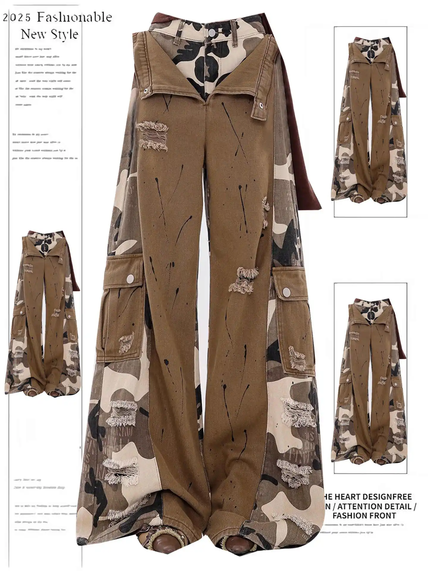 Women Brown Camouflage Patchwork Ripped Cargo Jeans Harajuku Vintage Baggy Denim Trousers Japanese 2000s Y2k Ripped Jeans Pants