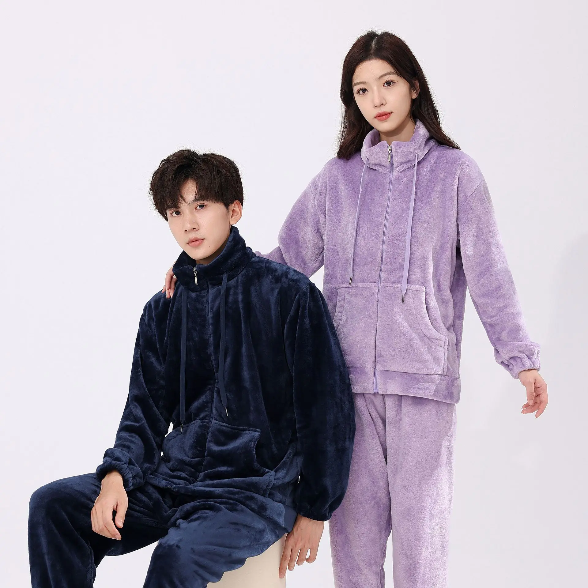 Couples Sleepwear Set Autumn Winter Flannel Warm Long Sleeve Long Pants Coral Fleece Home Clothes Zipper Closure Polyester Fiber