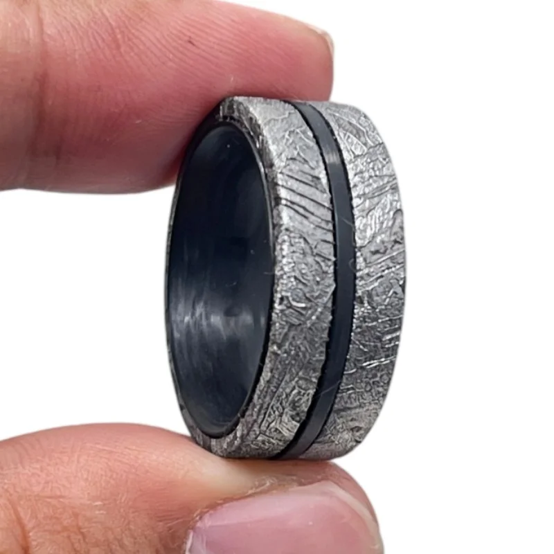 Natural Muonionalusta Iron Meteorite Ring Polished Groove Inlay Band Fashion Collectible Jewelry Wedding Gift K72