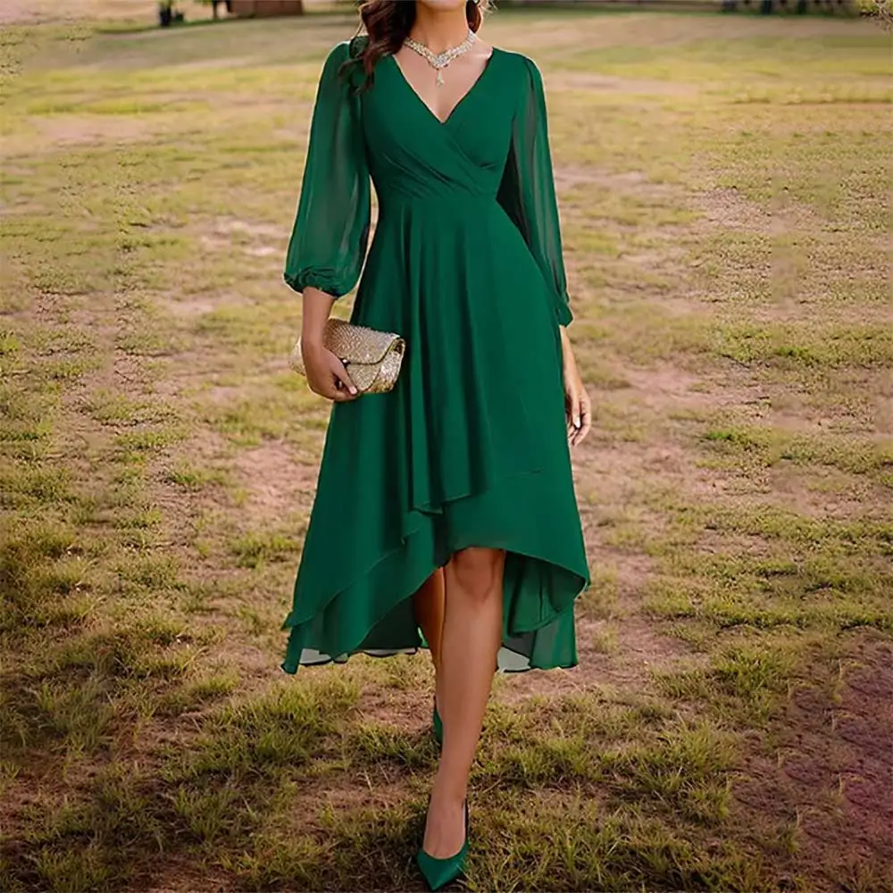 

Elegant V-Neck Evening Dress 2025 Prom Party Gown Chiffon High-Low Hem Pleated Cocktail Bridesmaid Wedding Guest Dress
