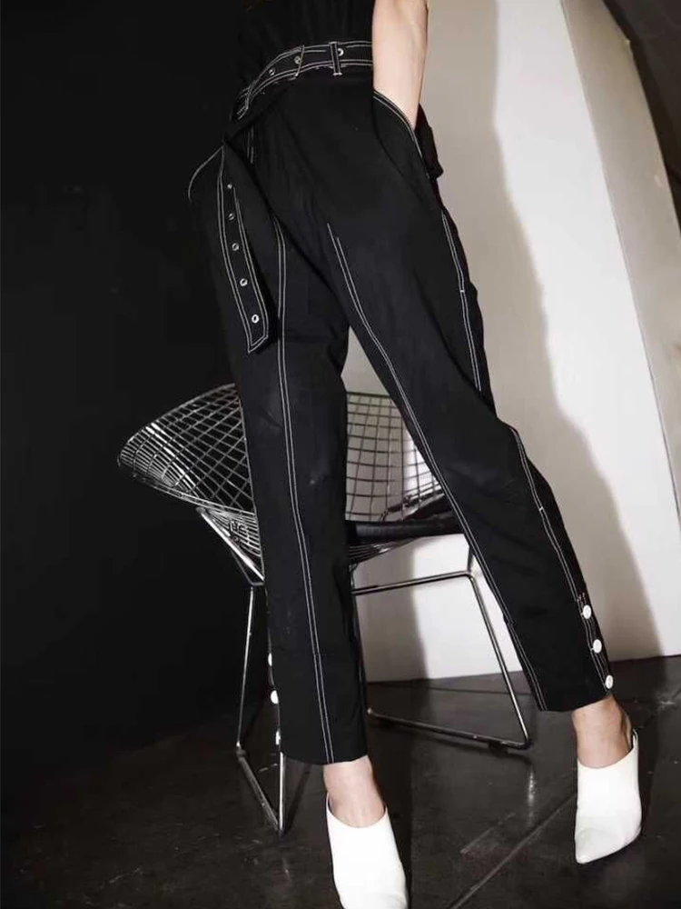 

High Waist Pure Cotton Casual Pants Women's Striped Slim Fit Denim Trousers Street Style Fleece Lined Thickened Long Pants