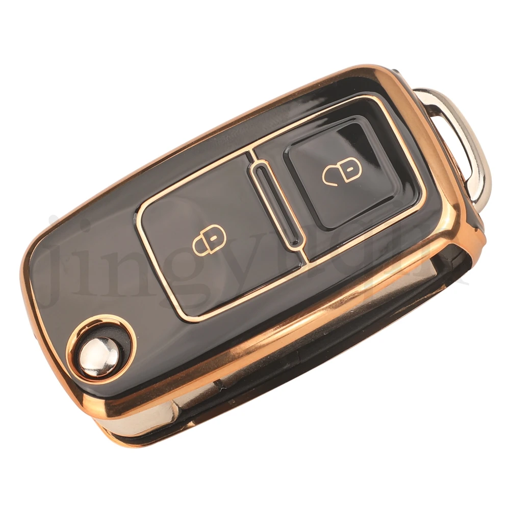 Tampa da chave do carro Jingyuqin, soft tpu case com 2 botões para vw volkswagen polo tiguan passat golf jetta levida skoda octavia
