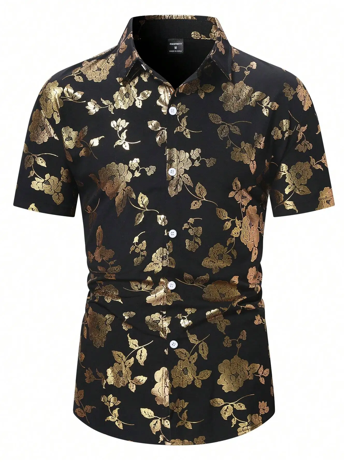 

Men's Black Slim Fit Short Sleeve Button-Up Shirt with Gold Floral Print