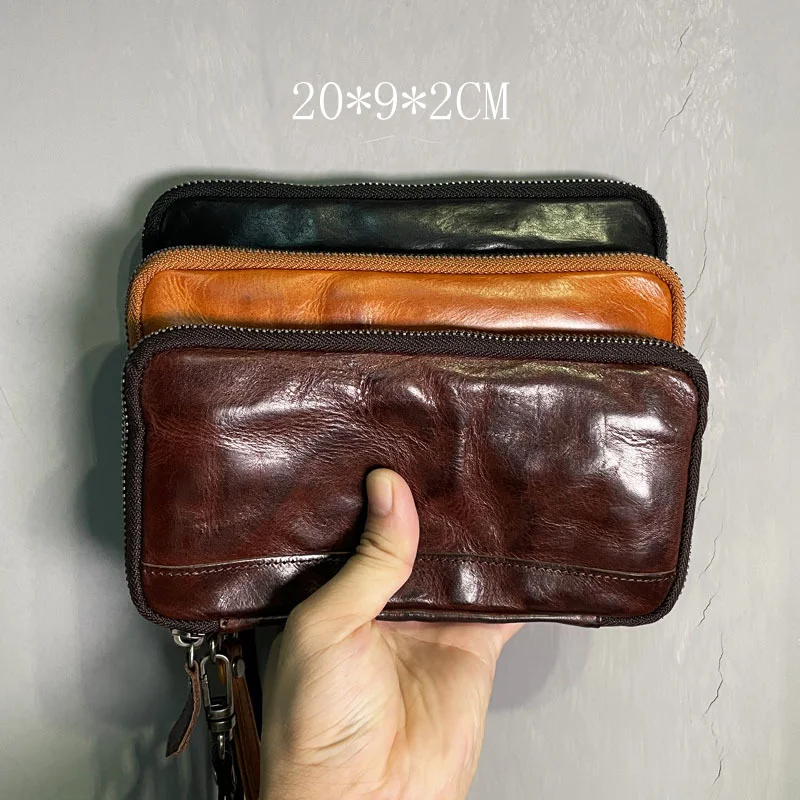 AETOO New leather wallet men\'s long zipper trendy retro mobile phone bag Japanese and Korean simple men\'s clutch bag men\'s leat