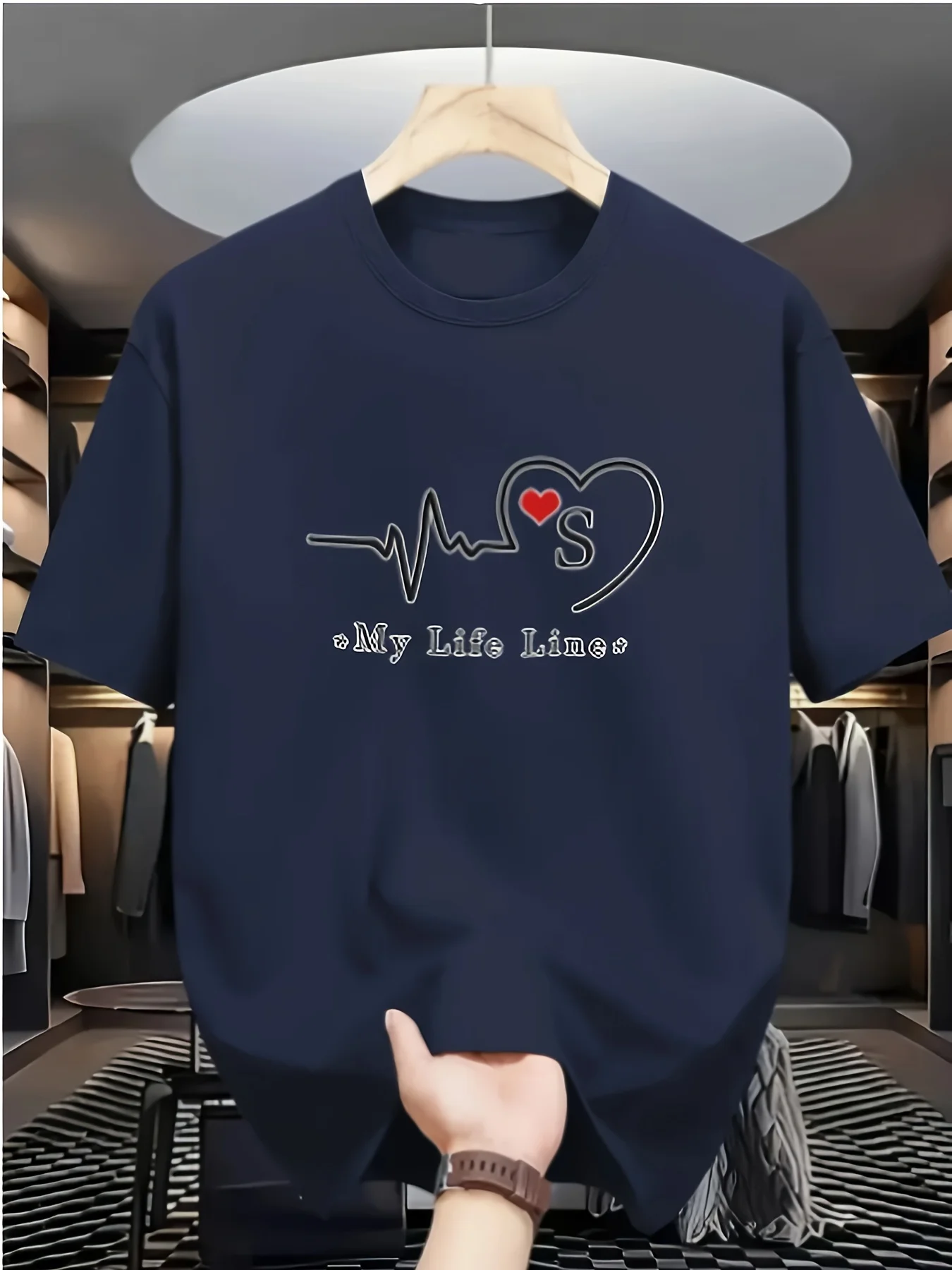 Men's Life Line English Pattern T-Shirt, 100% polyester, suitable for all seasons for casual wear, solid color with a red heart