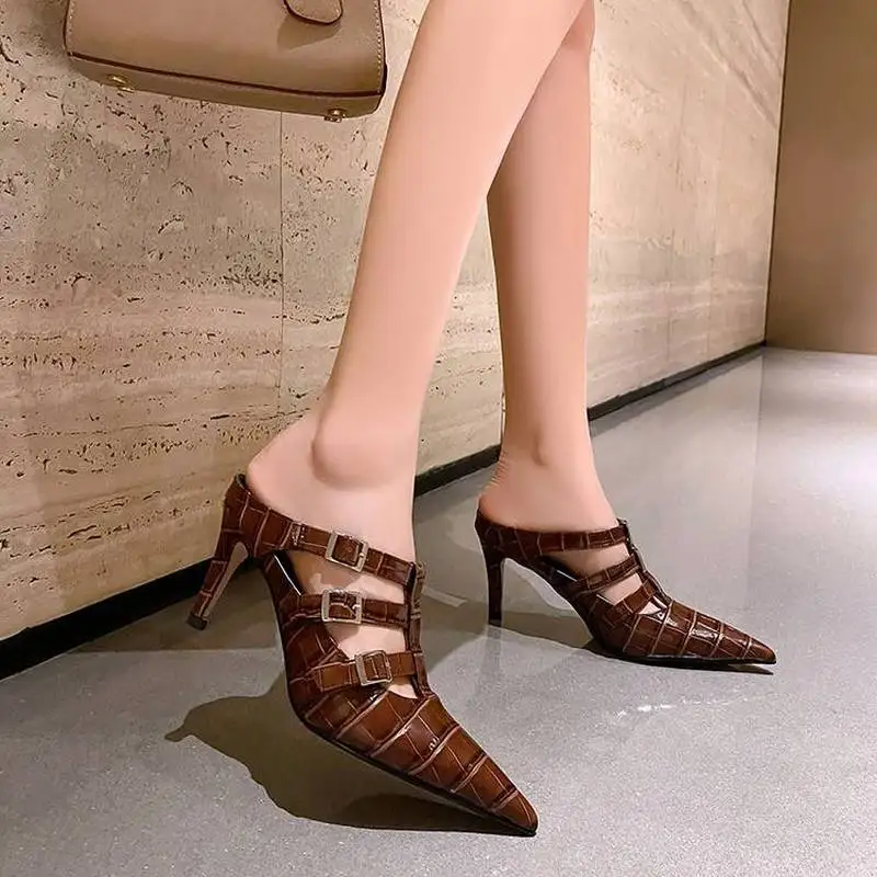 Women Top Layer Cow Embossed Leather Pointed Mule Pumps Multi Stiletto Heel TPR Sole Sheep European Heels F429
