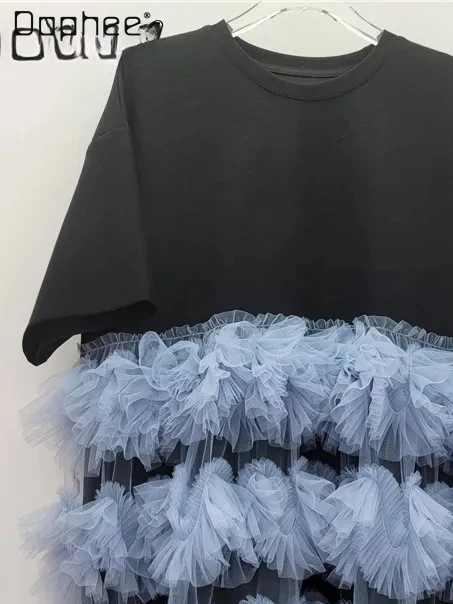 

Heavy Industry Splicing Mesh Short-sleeved Oversized T-shirt Women 2025 Summer New Korean Fashion Loose Casual Mid-length Dress