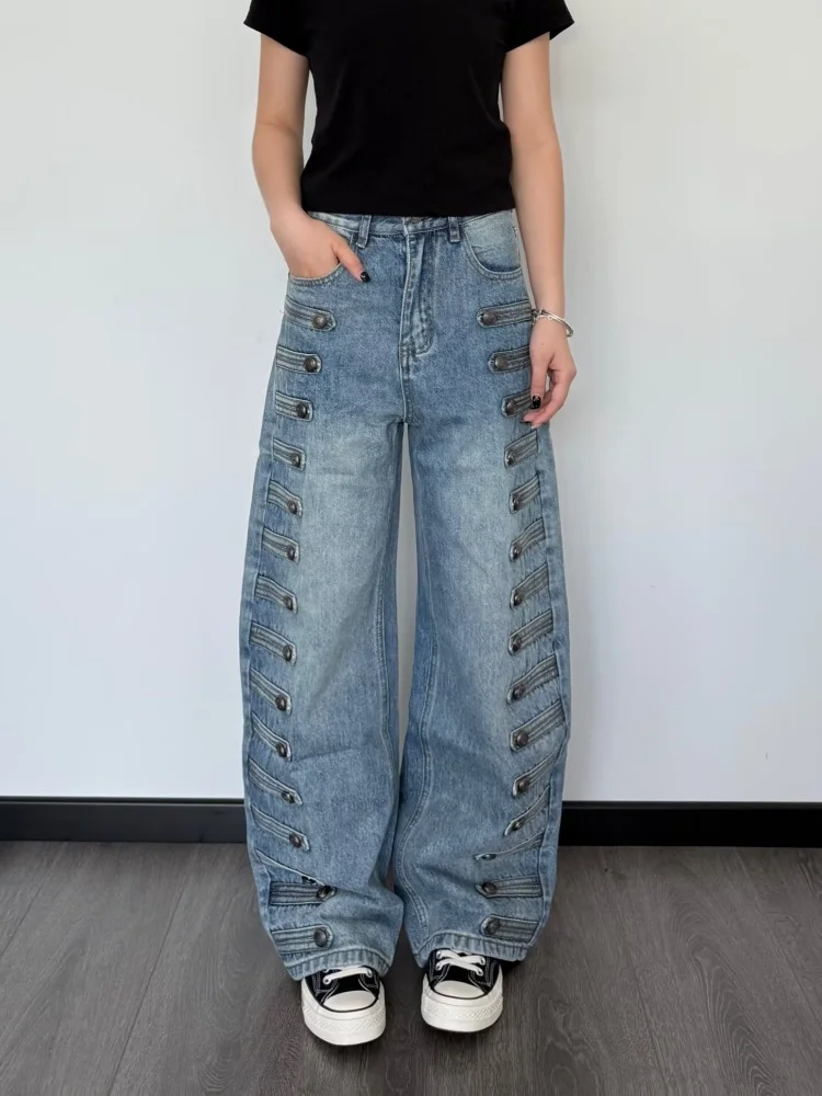 2026 Gothic Y2K Streetwear Button Design Washed Blue Baggy Women's Stacked Jeans Pants For Woman Clothes Straight Denim Trousers