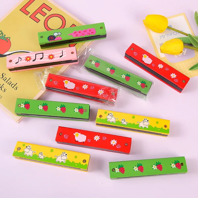 10Pcs Cartoon 16 Holes Wooden Harmonica Music Education Toys for Kids Birthday Party Favors Piniata Fillers Back To School Gifts