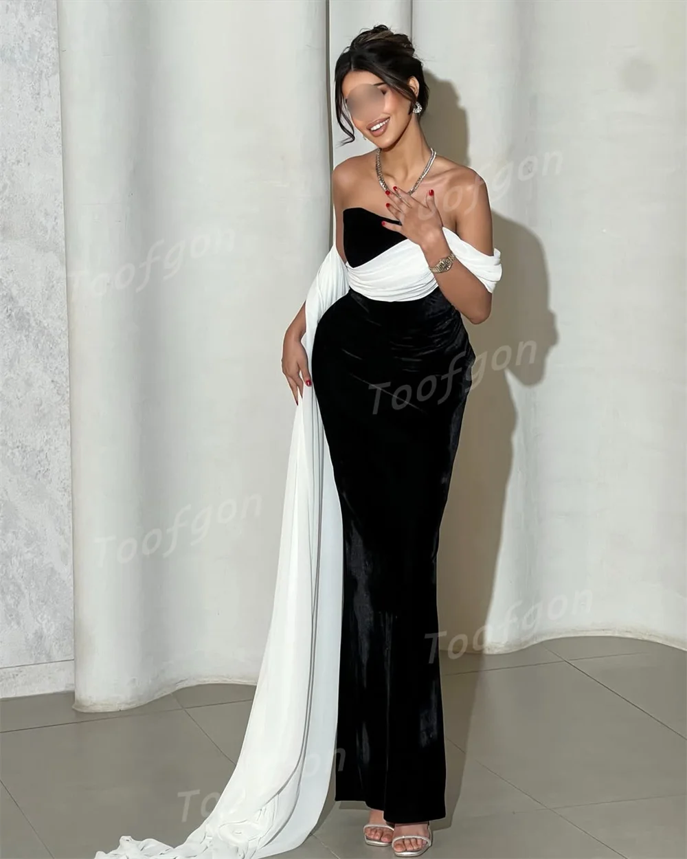 Toofgon فساتين سهرة نسائية بكتف واحد أسود مخملي مخصص بطول الأرض حورية البحر فستان حفلات طويل فساتين حفلات أعياد الميلاد