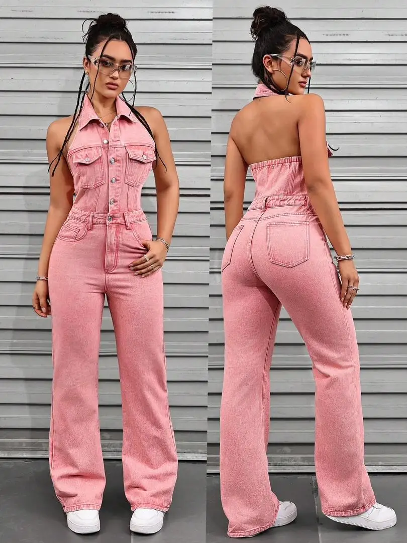 Pink Jeans Cargo Jumpsuit Sexy Women Halter Elegant Denim Stretch Casual Overalls Romper