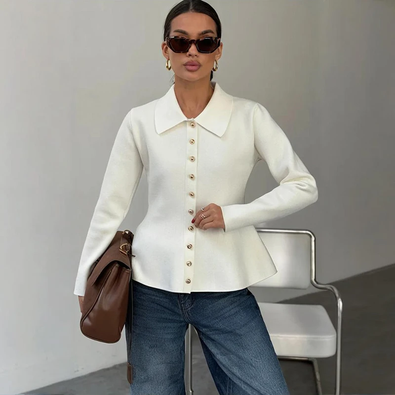 

Tornova Retro Chic Knitted Cardigan For Women Lapel A-line Hem Long Sleeve Sweater Autumn Winter Female Commuting Sweater Coat