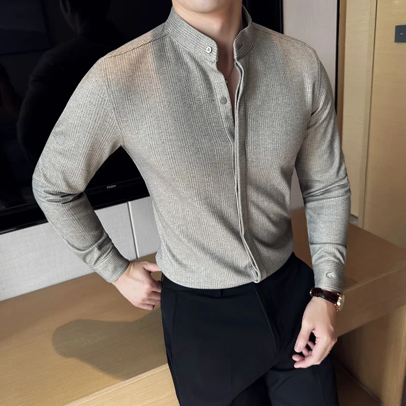 남성용 두껍고 따뜻한 모직 셔츠, 스탠드업 칼라, 스트라이프 긴팔, 슬림핏 셔츠, 포멀한 사교 남성 의류, 가을, 겨울, 신상