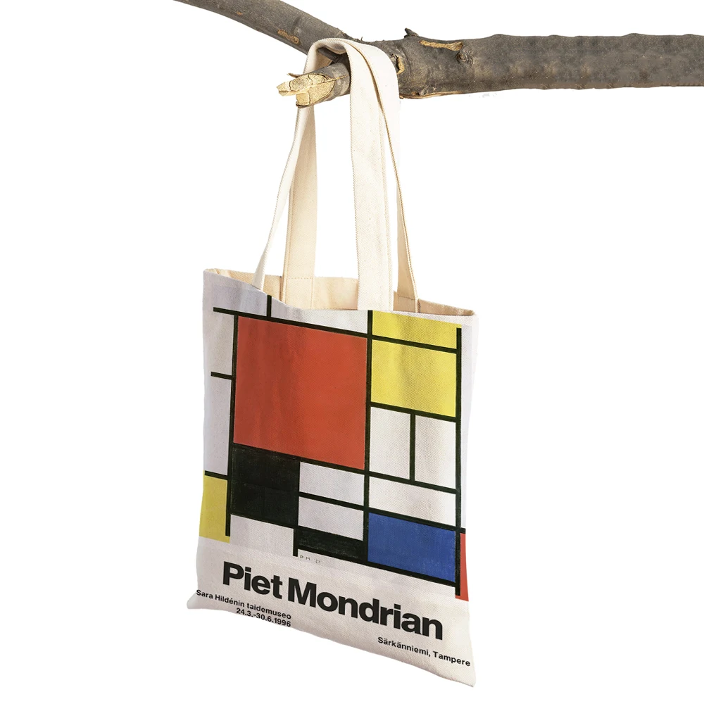 Piet Mondrian Geometric Line Color Block Double Print Shopping Bag Women Shopper Bags Lady Canvas Tote Reusable Travel Handbag