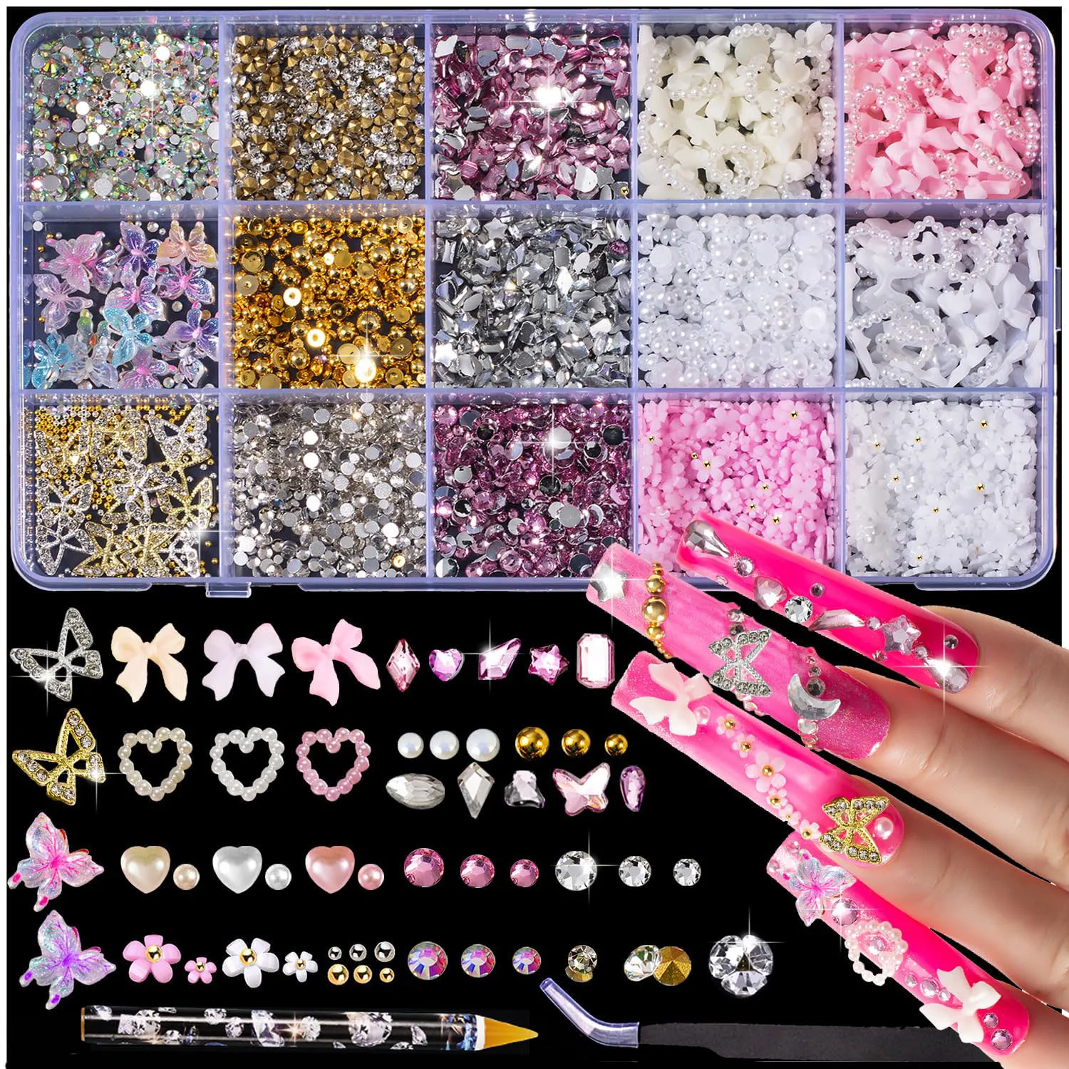 

10000 шт., 15 сеток/коробка, подвески для ногтей с бабочками и бриллиантами, набор пинцетов для ручек, 3D смола, сердце, бант, цветок, набор чехлов для украшения ногтей