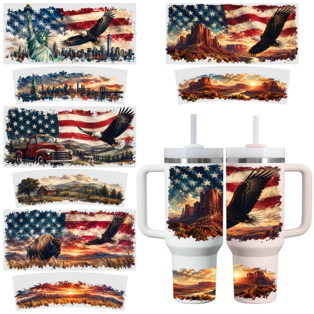 4 Sheets American Flag Eagle Statue Cityscape Desert Landscape Truck Bison Sunset Mountain UV DTF Stickers for 40oz Tumblers