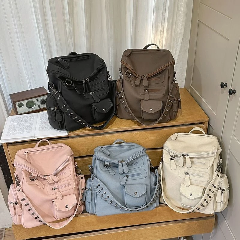 Y2K Retro Biker Backpack Wide Strap Rivet MultiPocket Convertible Shoulder Bag Large Capacity Commuter Tote & Handbag for Unisex