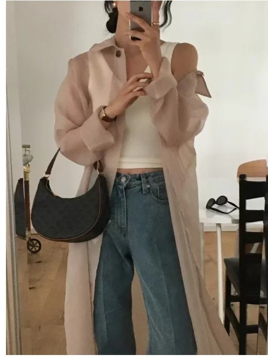 Retro Chic Layered Mesh Dress Women's Shirt Dress Korean Style Loose Waist Long Sleeve Flip Collar Translucent Design