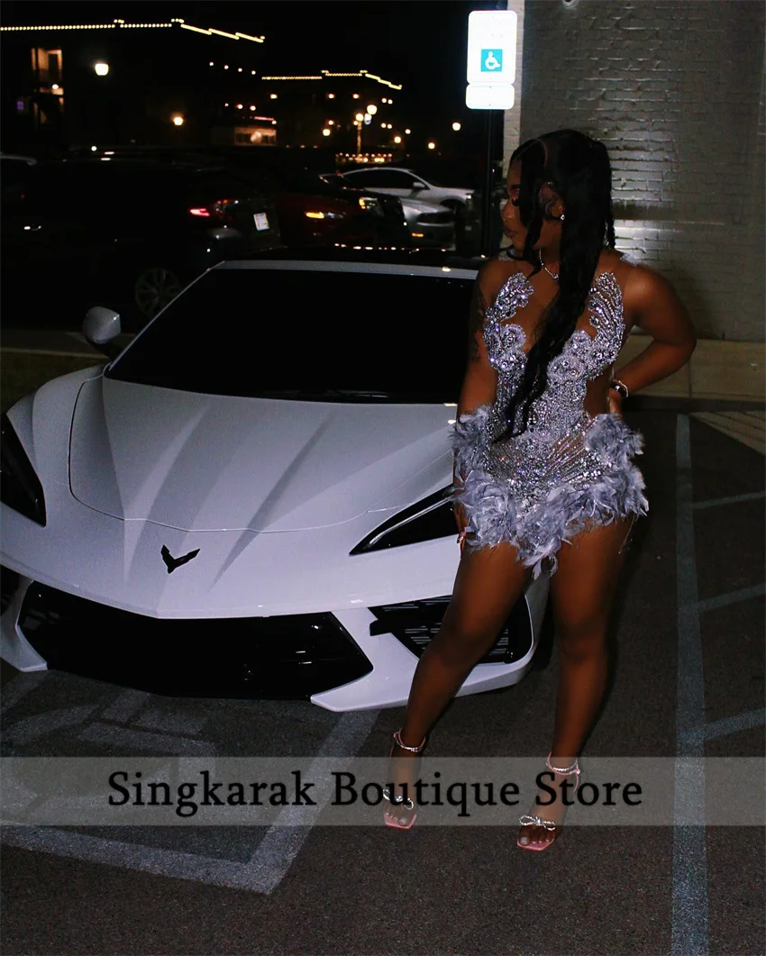 Sexy Sparkly Silver Diamonds Short Prom Dress 2025 Glitter Crystals Beads Feathers Senior Cocktail Party Vestidos  Customized