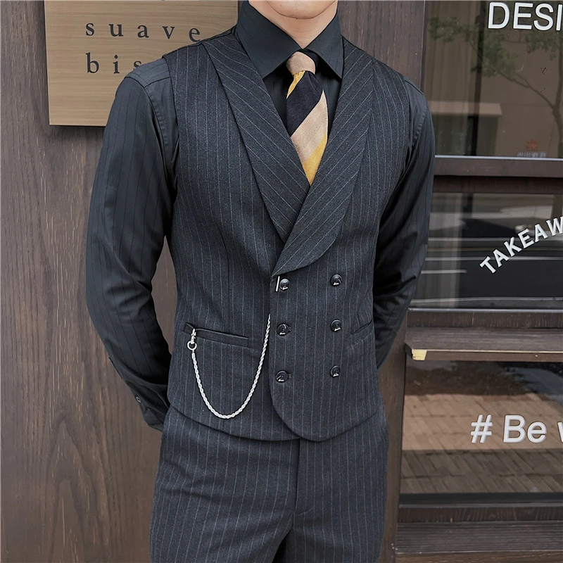 4XL-M pakaian merek rompi setelan bisnis pria kualitas tinggi musim semi/laki-laki Slim Fit bergaris blazer Double-breasted rompi gaun pria