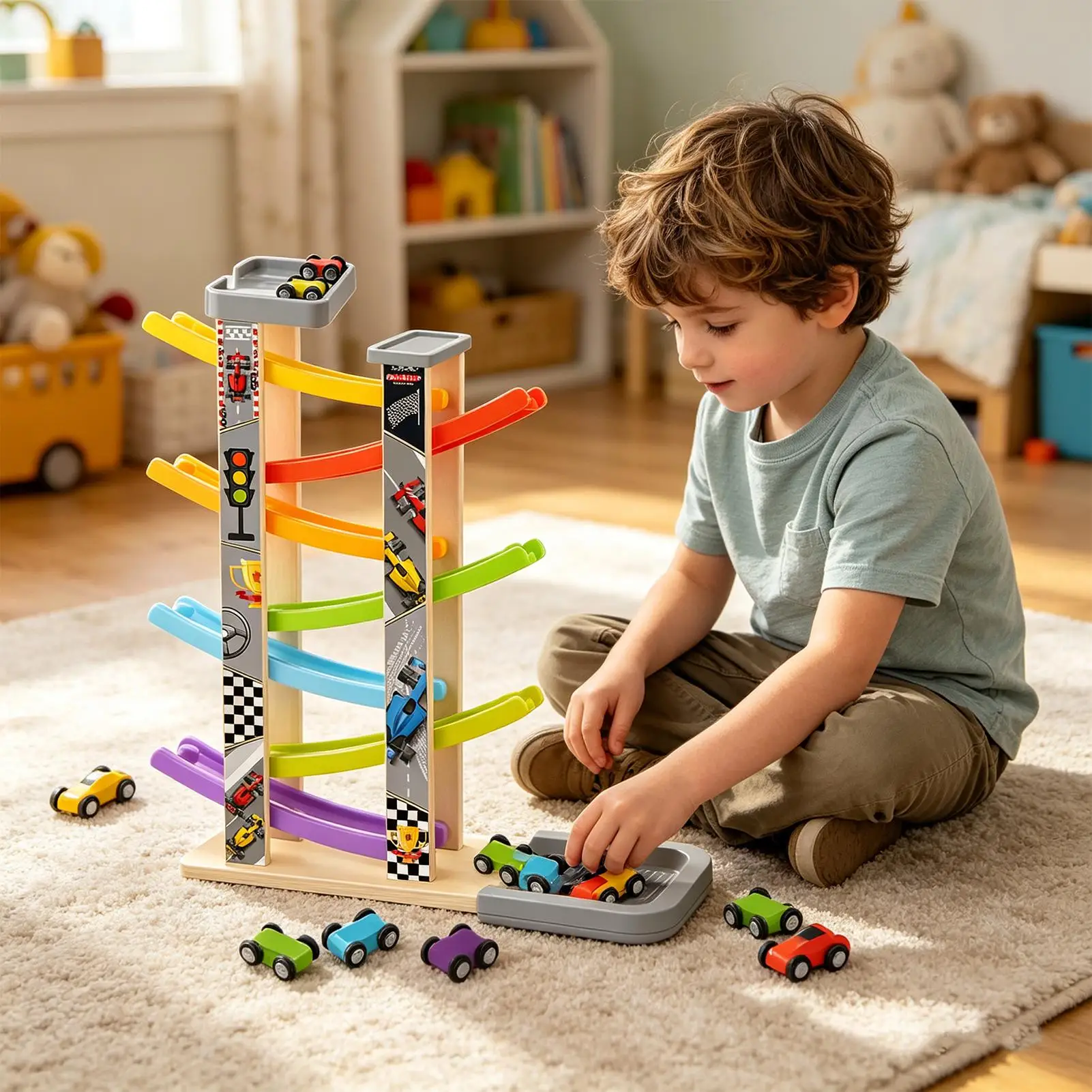 giocattolo-pista-per-auto-in-legno-set-da-corsa-con-7-piste-garage-con-parcheggio-8-veicoli-gioco-educativo-montessori-per-bambini-e-bambine-regalo