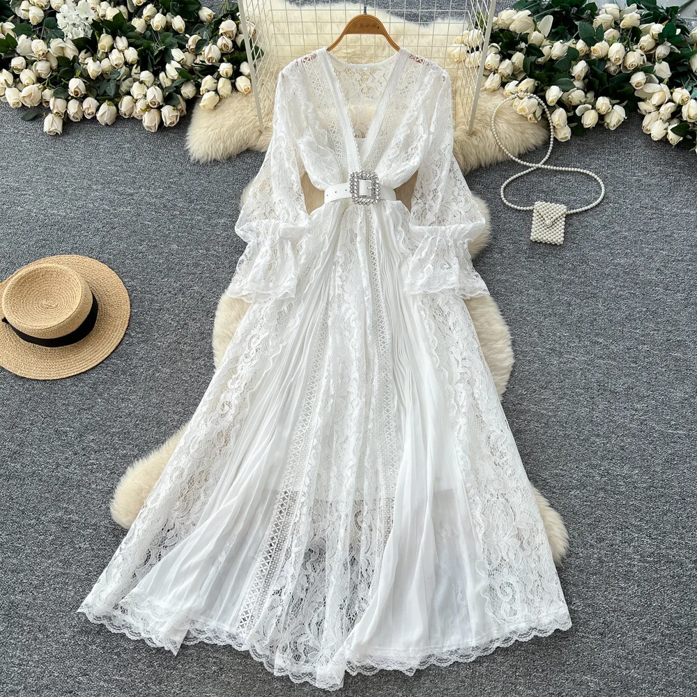 

Mesh Dresses Women Lace Dress Spliced Solid V Neck Long Sleeves Ankle Length Cinched Empire Waist Loose Fit Casual 2025 Autumn