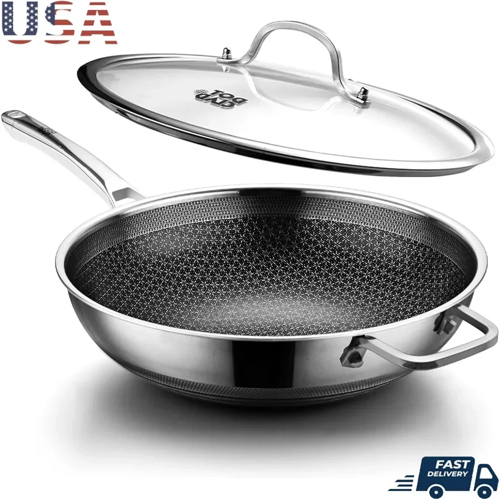 

Hybrid 12 inch Wok with Lid PFOA Free Nonstick Stainless Steel Cookware Induction Compatible Easy Clean Stir Fry Pan