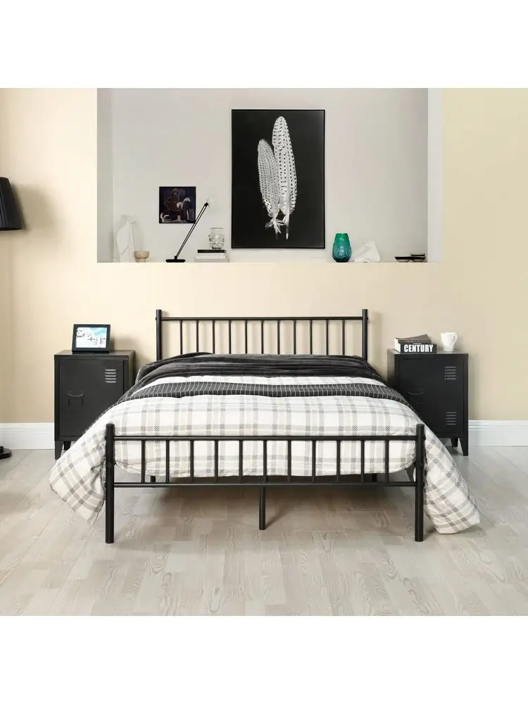 Double Bed Frame 4ft Metal Bed with Headboard, Metal Platform with High Storage Space,Black,120 x 190 cm