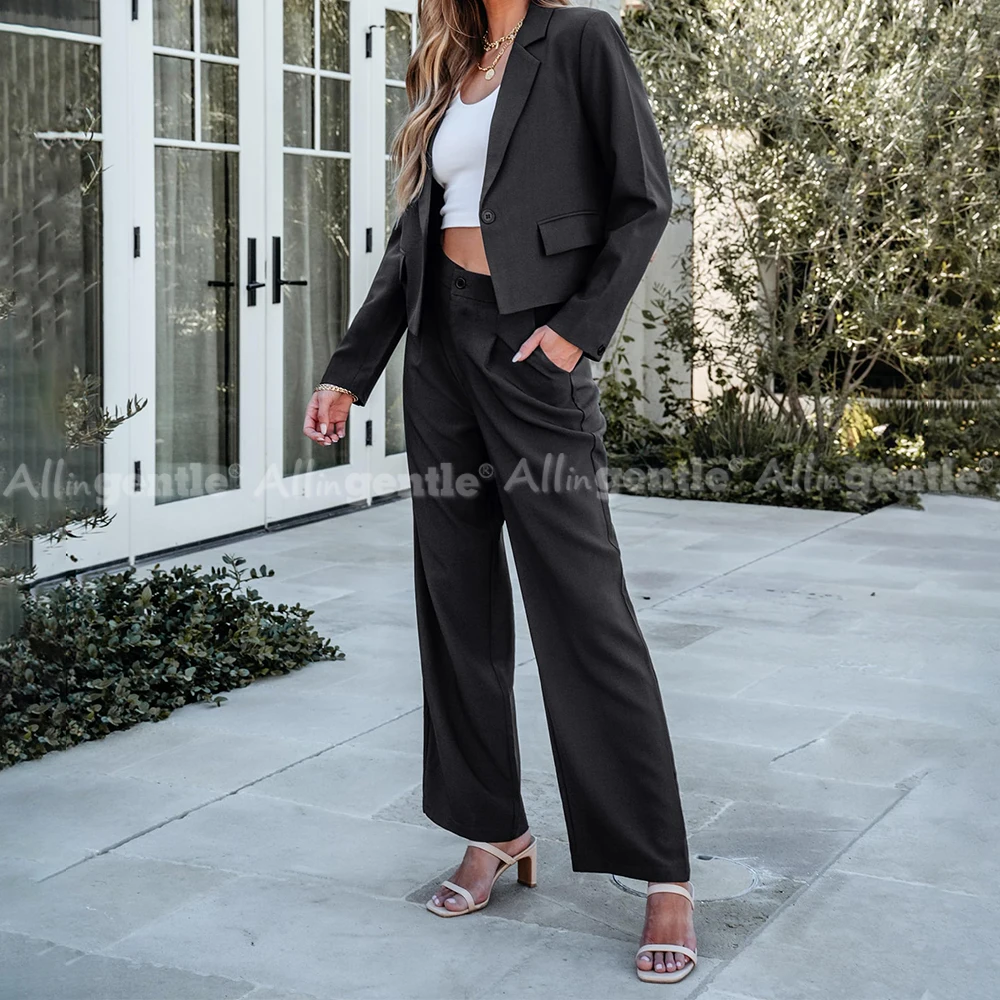 Suits for Women 2 Piece Sets Business Casual Outfits Dressy Cropped Blazer Wide Leg Pantsuit