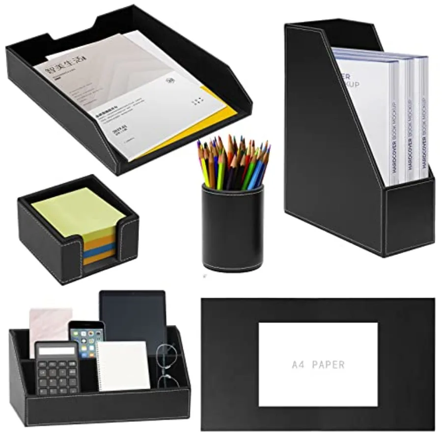 

Office Supplies PU Leather 6-Piece Set Desk Organizer, Include Writing Pad, Letter Tray, file folder Sorter/Magazine Holder, Pe