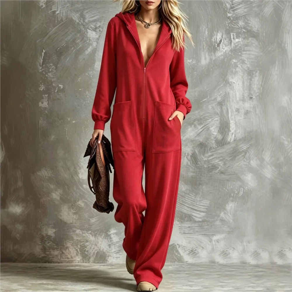 Nouvelle Collection Automne Combinaison Décontractée à Capuche et Fermeture Éclair pour Femme, Coupe Ample, Pantalon Droit, avec Poches, Tenue Décontractée pour la Maison 2026
