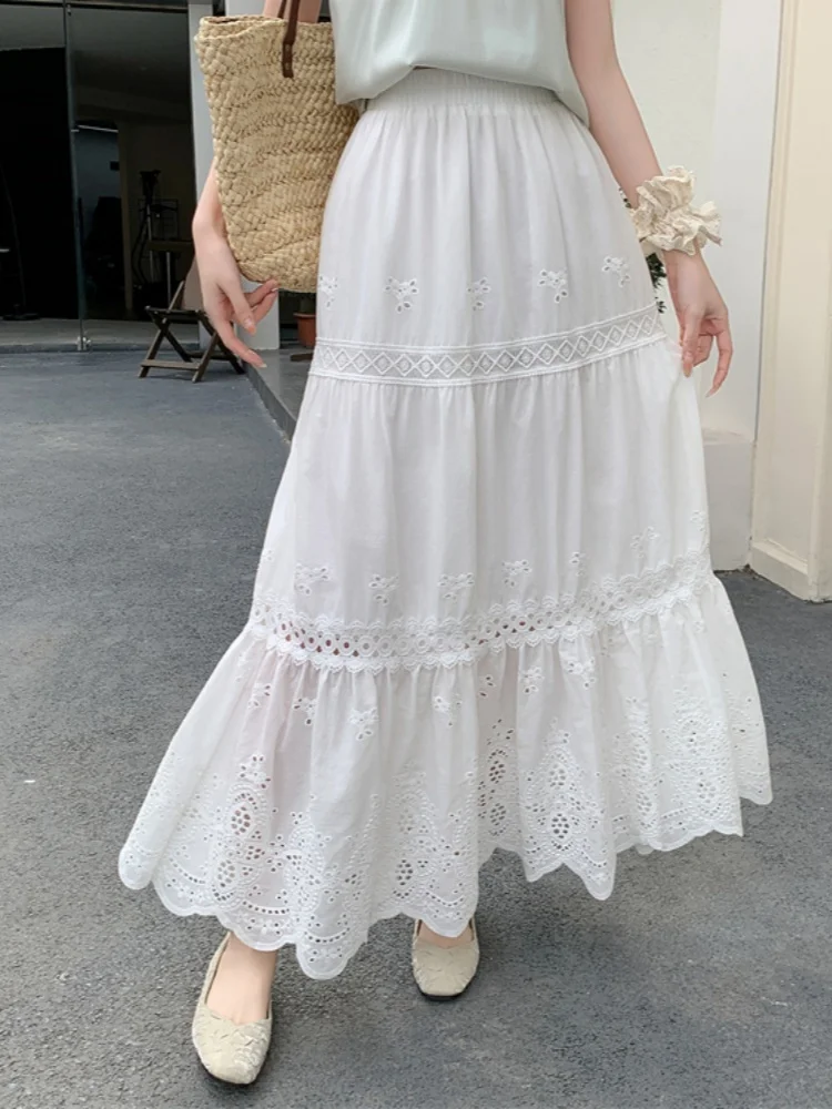 

SMTHMA French Embroidered Lace Mid-Length Skirt For Women Summer Korean Slim High Waist A-Line Big Swing Skirt