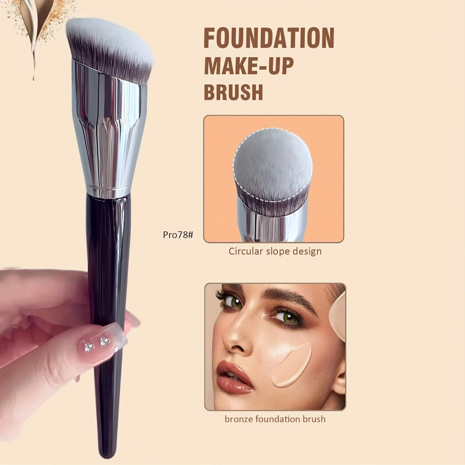 Profession Foundation Brush, Round Oblique Head, Soft Bristles Kabuki Brush for Contouring, Dense Bristles