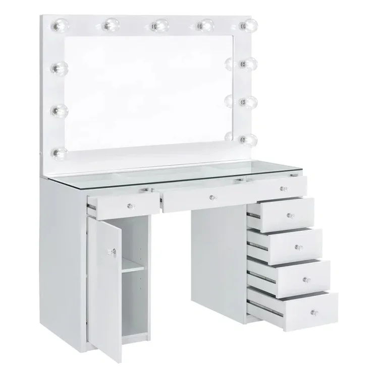 7-Drawer Makeup Vanity Table with LED Hollywood Mirror Lighting Crystal Acrylic Knob Handle Glass Top Dressing Table