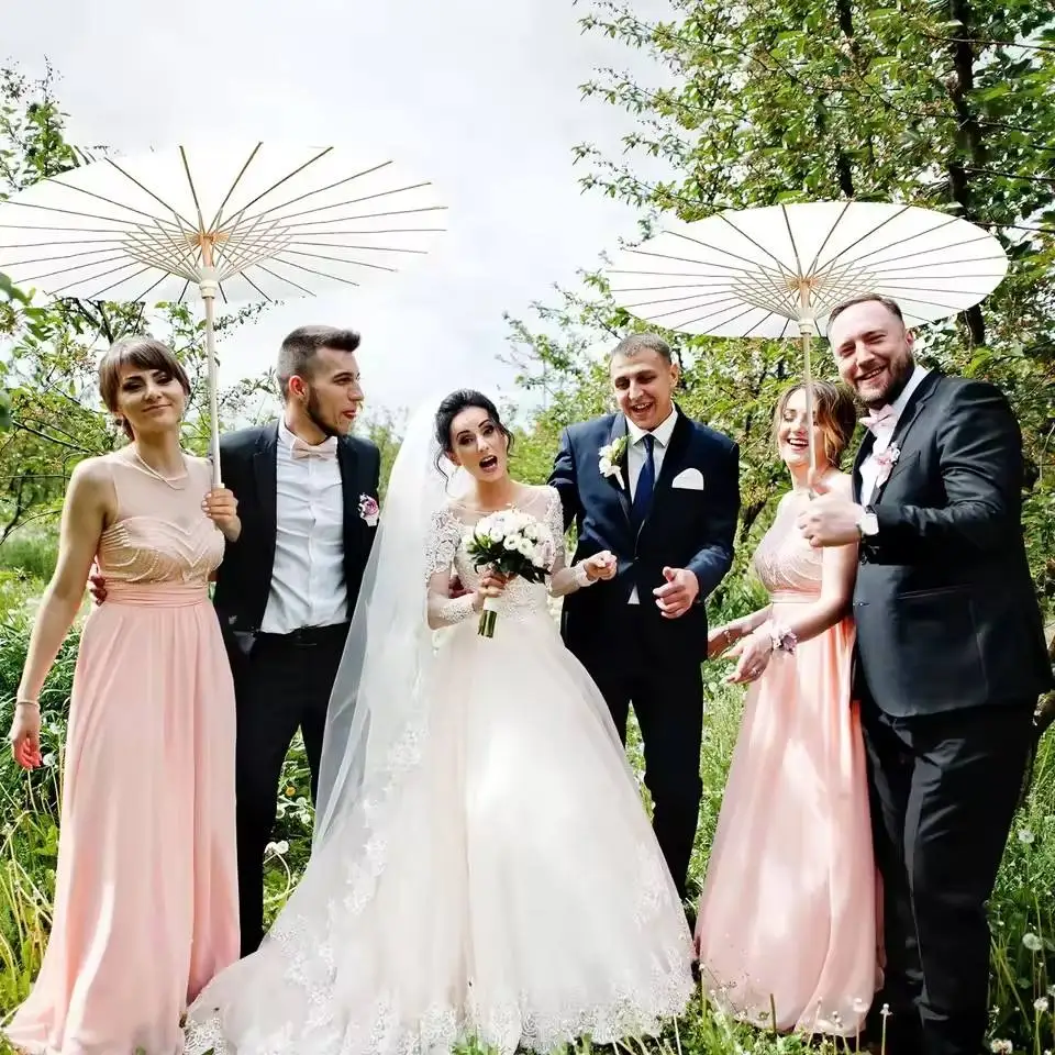 Parapluies en papier pour mariage, manche en bois chinois, blanc, accessoires de photographie rustiques pour fête prénatale, cadeaux de mariage