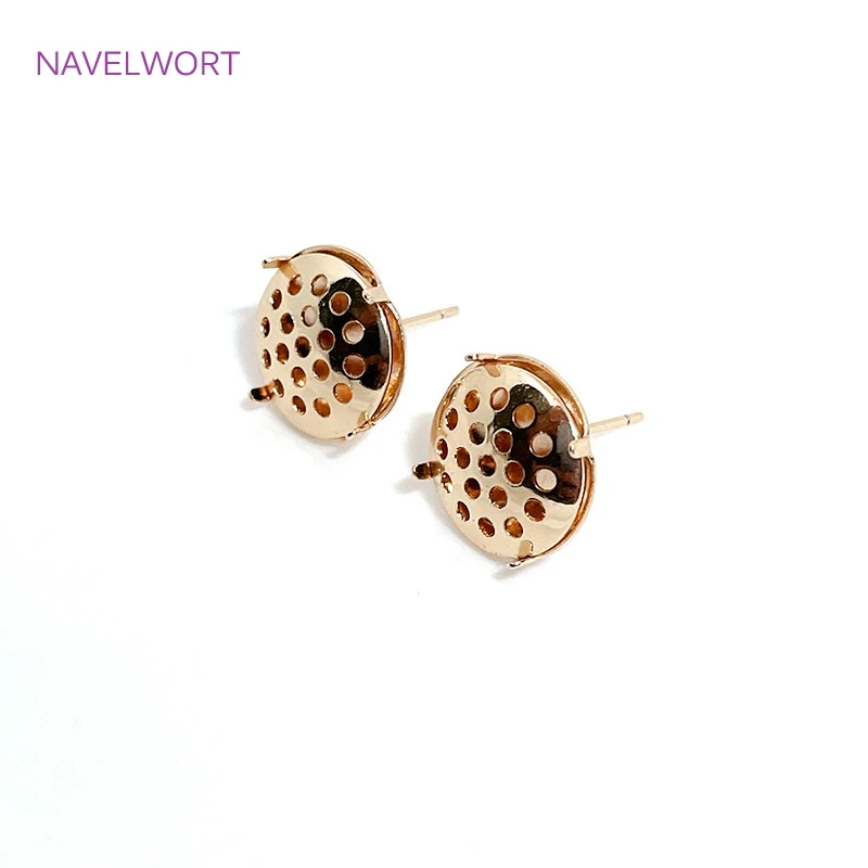 14K Gold Plated Combinable Round Stud Earring S925 Sterling Silver Needle Mesh Earrings Setting DIY Jewelry Making Findings