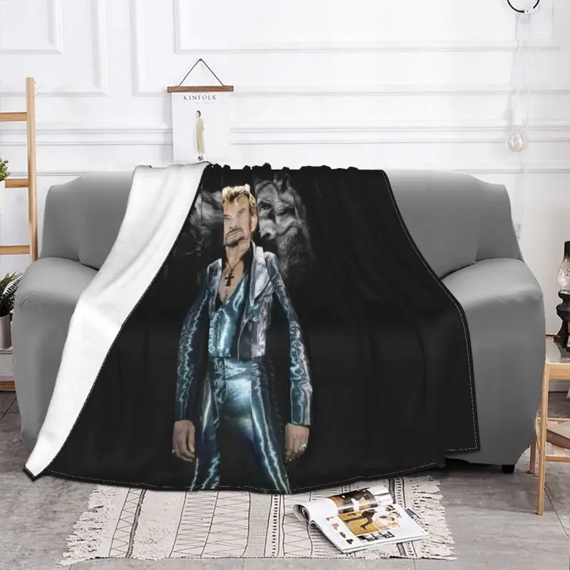 Johnny Hallyday With Wolf Blanket Fleece Spring Warm Flannel French Rock Singer Throw Blankets for Sofa Outdoor Bedroom Quilt