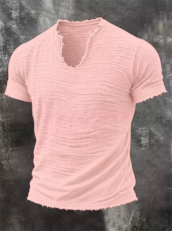 Herren T-Shirt mit V-Ausschnitt, kurzem Arm, ausgefranster Optik, faltiger Textur, 100% Baumwolle, einfarbig, minimalistisch, lässig, für den Alltag. – Detail 8
