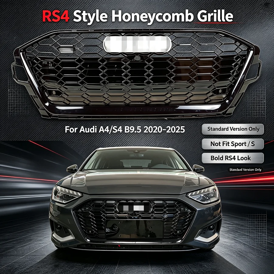 Schwarzer Wabengrill für die Frontstoßstange, RS4-Stil Motorhaubengrill A4/S4 B9.5 2020-2025, passend für Standardversion, nicht passend für Sport / S