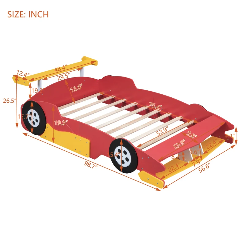 Full Size Race Car-Shaped Plataforma Cama com Rodas, Cama Vermelha