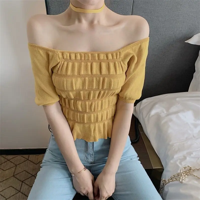 8 Colors T-shirts Women Elastic Chic Folds Designed Pure Sweet Summer Short-sleeve Crop Tops O-neck Gentle Office Lady All-match